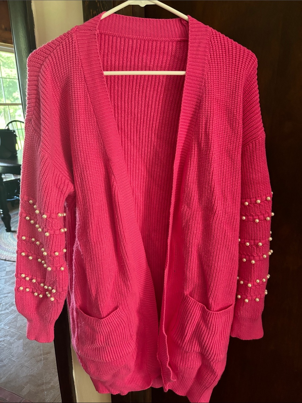 Pearl-Studded Open-Front Pink Cardigan